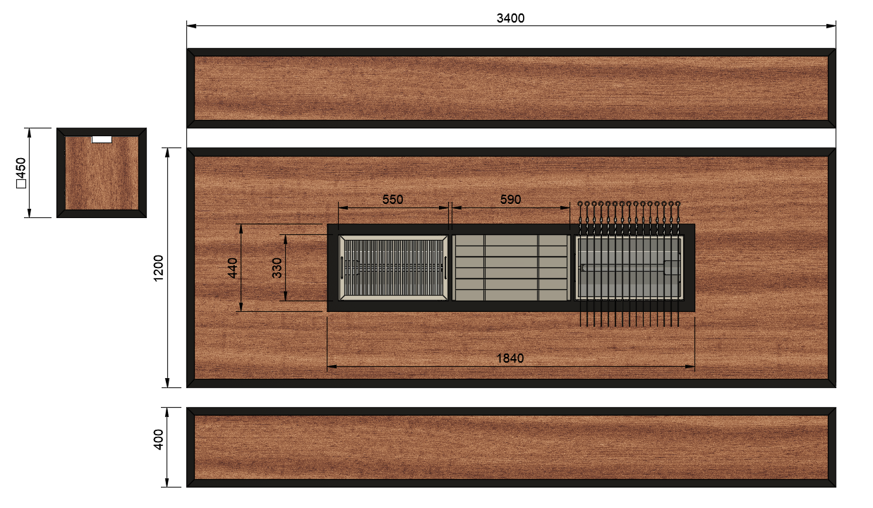 King's Table: dimensioned drawing of the top and the grills